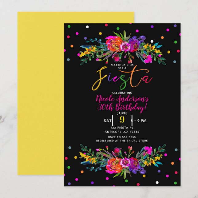 Invitation Fête d'Anniversaire Florale et Noire (Devant / Derrière)