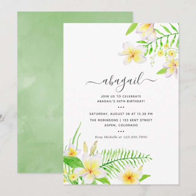 Invitation Fête d'anniversaire florale frangipanier aquarelle (Devant / Derrière)