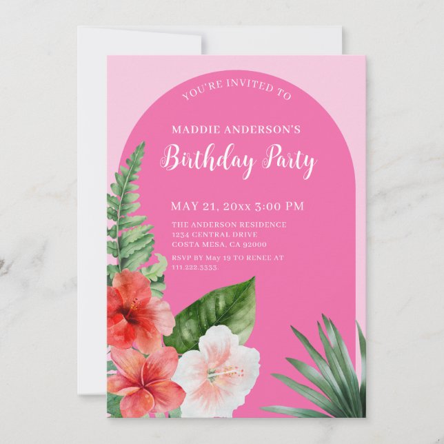 Invitation Fête d'anniversaire florale hawaïenne rose  (Devant)