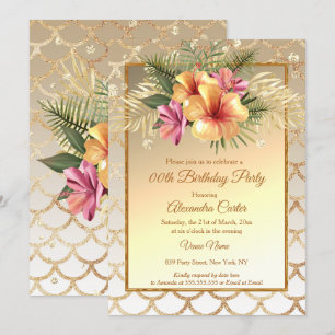 Invitation Fête d'anniversaire florale Hibiscus rose or sépia