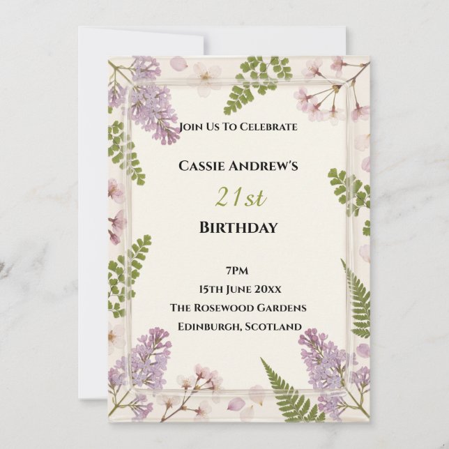 Invitation Fête d'anniversaire florale lavande pour un cap (Devant)