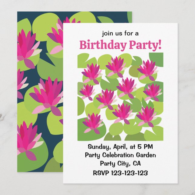 Invitation Fête d'anniversaire florale Lotus rose nénuphar Li (Devant / Derrière)