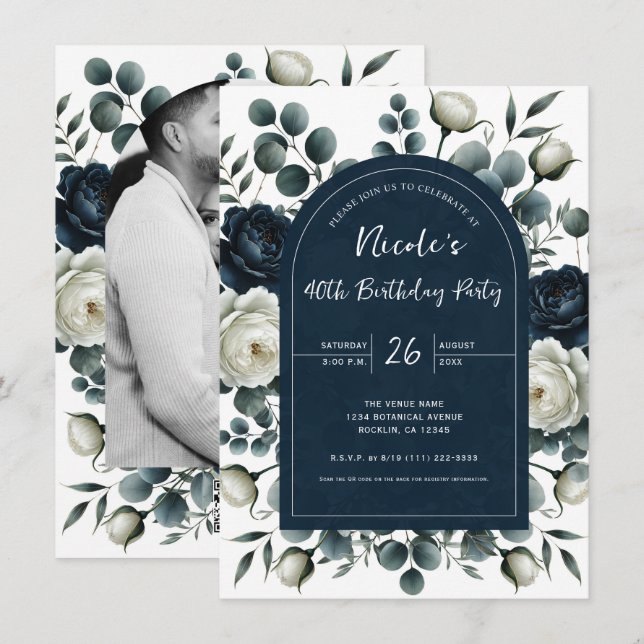 Invitation Fête d'anniversaire florale moderne bleu foncé et  (Devant / Derrière)