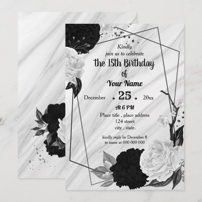 Invitation Fête d'anniversaire florale noire et blanche (Devant / Derrière)