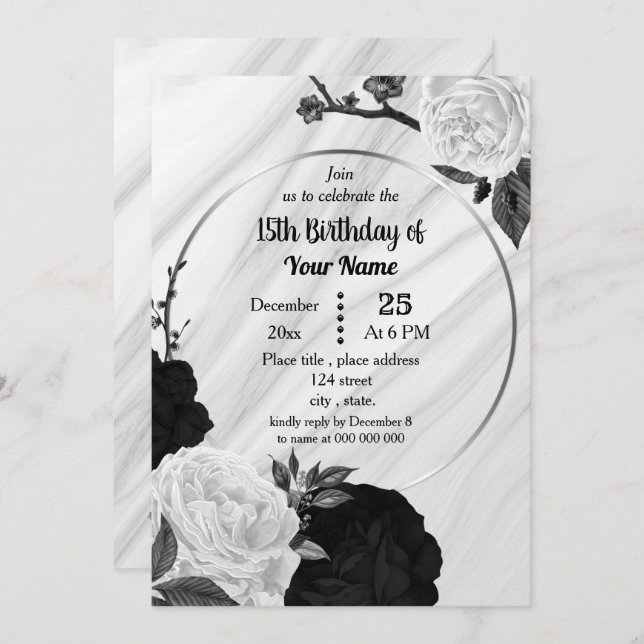 Invitation Fête d'anniversaire florale noire et blanche (Devant / Derrière)