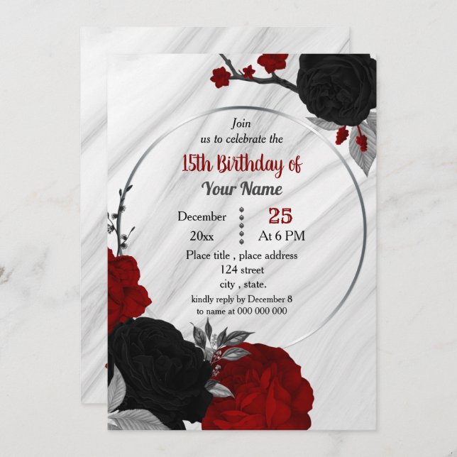 Invitation Fête d'anniversaire florale noire et rouge (Devant / Derrière)