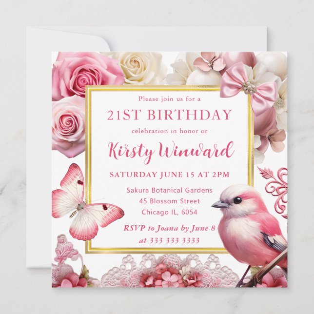 Invitation Fête d'anniversaire florale oiseau rose aquarelle (Devant)