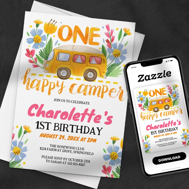 Invitation Fête d'anniversaire florale One Happy Camper 1ère  (Créateur téléchargé)