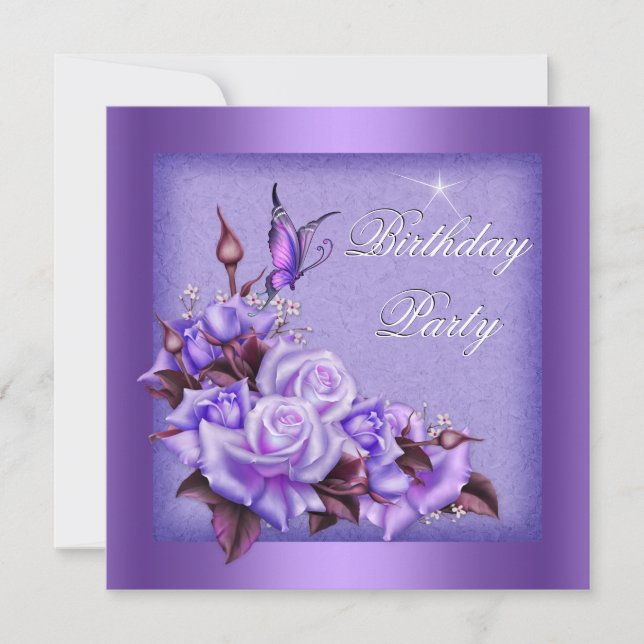 Invitation Fête d'anniversaire florale papillon Roses violett (Devant)
