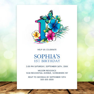 Invitation Fête d'anniversaire florale papillon tropical 1 an