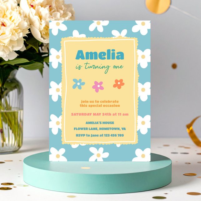Invitation Fête d'anniversaire florale rétro colorée (Créateur téléchargé)