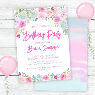 Invitation Fête d'anniversaire florale rose bleu pêche violet