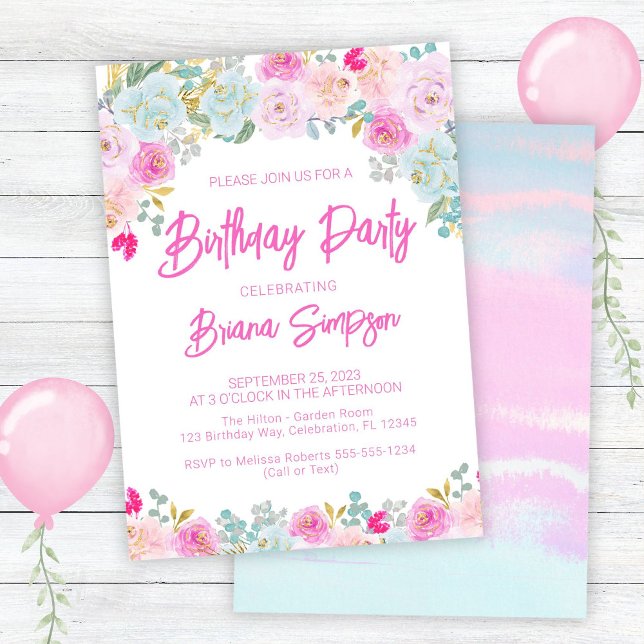 Invitation Fête d'anniversaire florale rose bleu pêche violet (Créateur téléchargé)