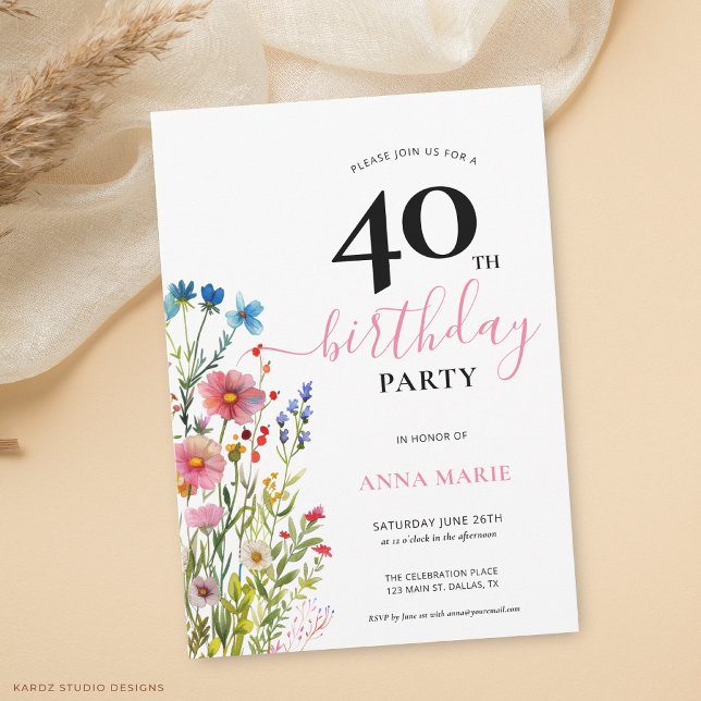Invitation Fête d'anniversaire Florale Rose Clair 40 ans (The front of the invitation is shown at a 5x7-inch size. Choose size, paper, + corner style.)