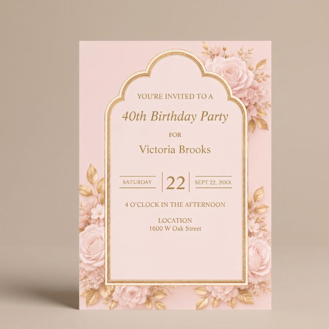 Invitation Fête d'anniversaire florale rose et or (Créateur téléchargé)