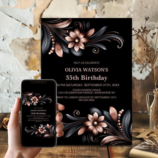 Invitation Fête d'anniversaire florale rose noir (Créateur téléchargé)