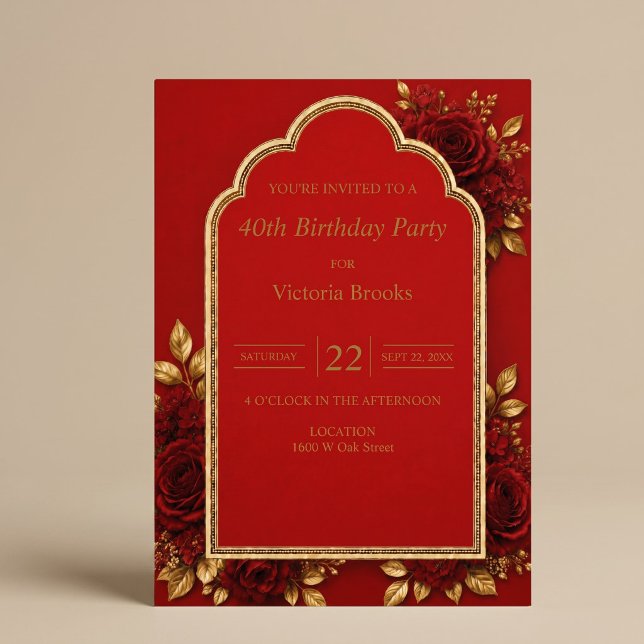 Invitation Fête d'anniversaire florale rouge et or (Créateur téléchargé)