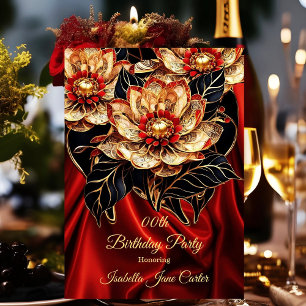 Invitation Fête d'anniversaire florale rouge exotique or noir