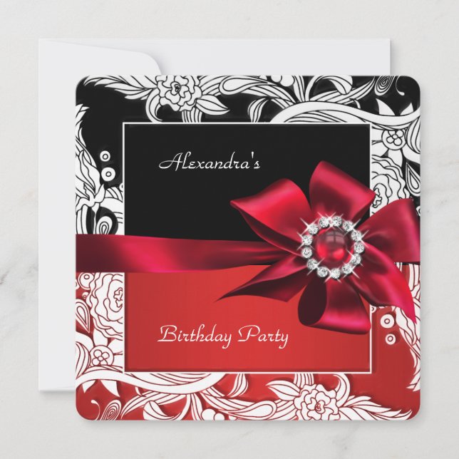 Invitation Fête d'anniversaire florale rouge noir blanc (Devant)