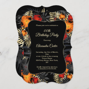 Invitation Fête d'anniversaire Florale Rouge Orange Noir Hibi