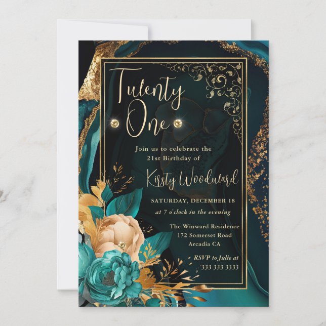 Invitation Fête d'anniversaire florale sarcelle et or en agat (Devant)