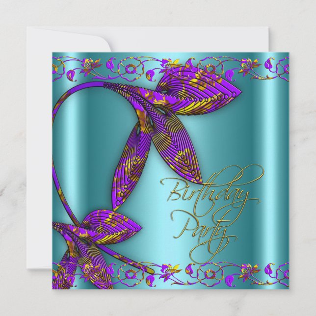 Invitation Fête d'anniversaire florale sarcelle violet or (Devant)