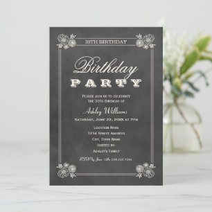 Invitation Fête d'anniversaire florale sur tableau noir