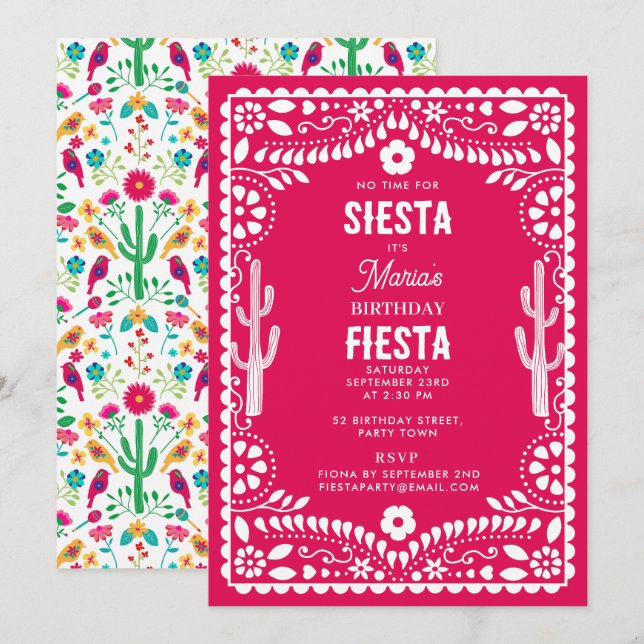 Invitation Fête d'anniversaire florale traditionnelle mexicai (Devant / Derrière)
