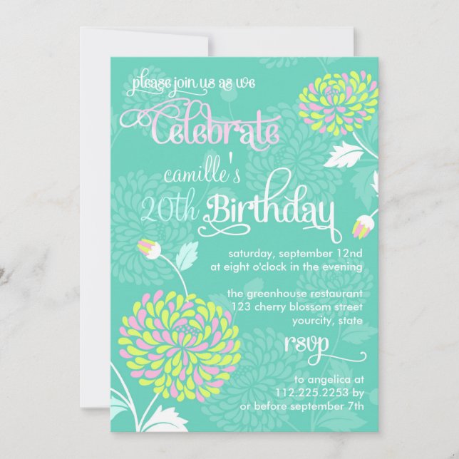 Invitation Fête d'anniversaire florale Turquoise et rose (Devant)