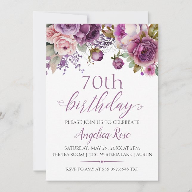 Invitation Fête d'anniversaire florale violette 70e anniversa (Devant)