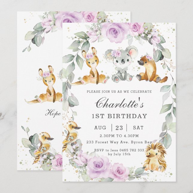 Invitation Fête d'anniversaire florale violette avec des anim (Devant / Derrière)