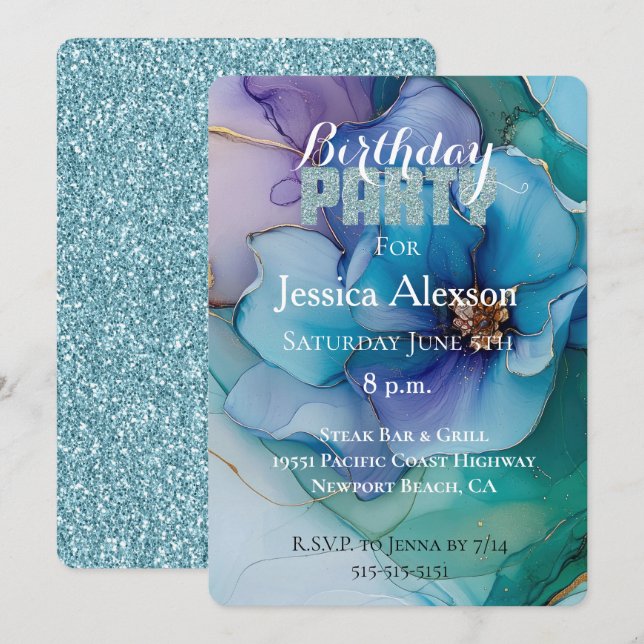 Invitation Fête d'anniversaire florale violette pailletée ble (Devant / Derrière)