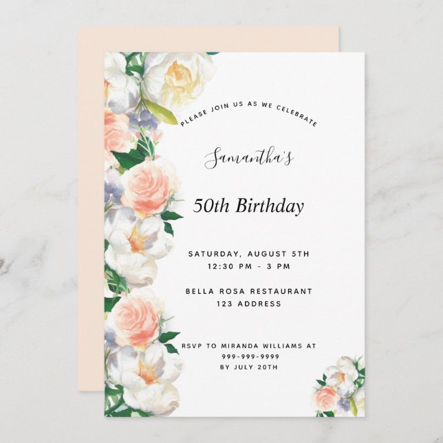 Invitation Fête d'anniversaire flush rose floral blanc (Devant / Derrière)