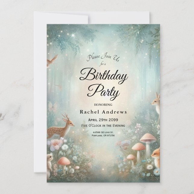 Invitation Fête d'anniversaire forêt enchantée sarcelle et pê (Devant)