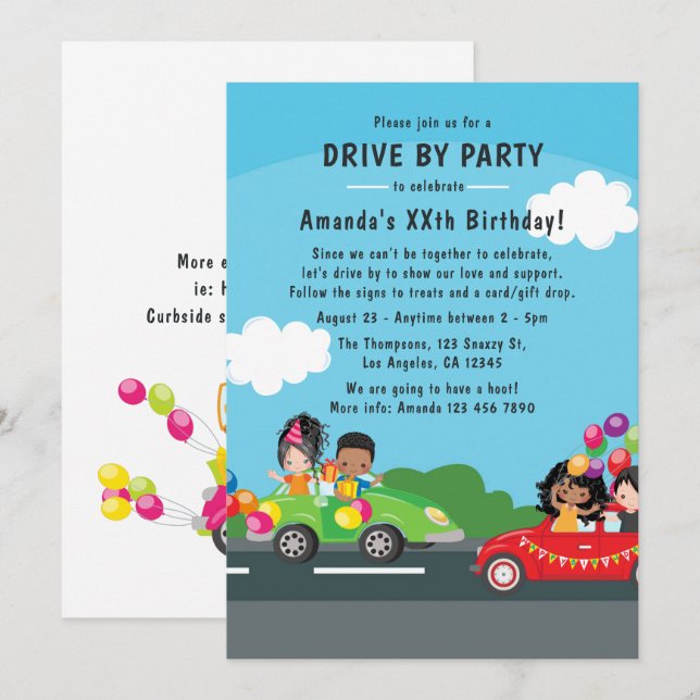Invitation Fête d'anniversaire Fun Drive By (Devant / Derrière)