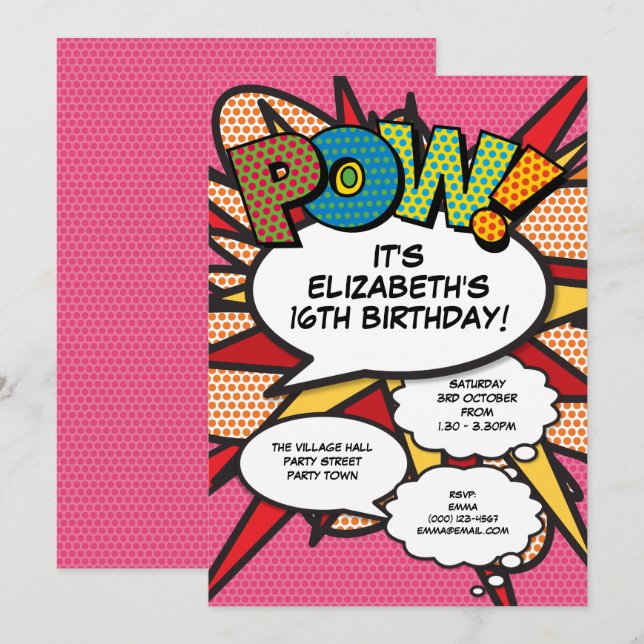Invitation Fête d'anniversaire fun moderne rose bande dessiné (Devant / Derrière)