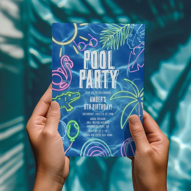 Invitation Fête d'anniversaire Fun Neon Piscine (Créateur téléchargé)
