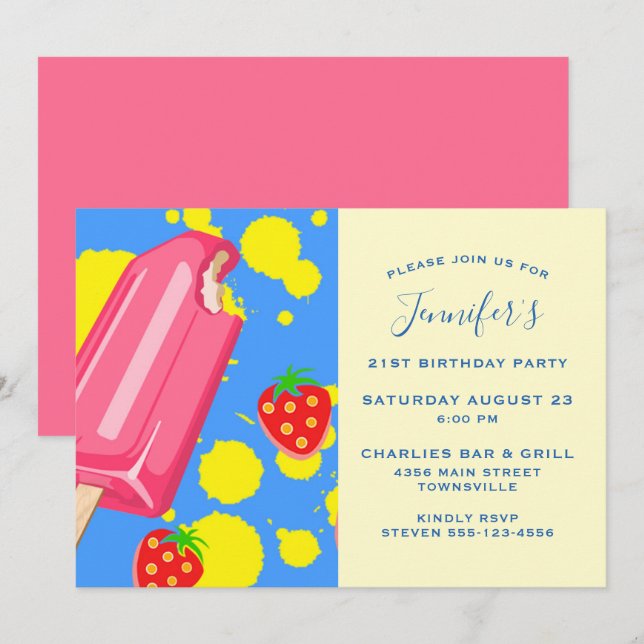 Invitation Fête d'anniversaire Fun Pink Popsicle et fraises (Devant / Derrière)