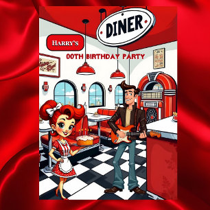 Invitation Fête d'anniversaire Fun Retro Diner Rockeur Rouge 