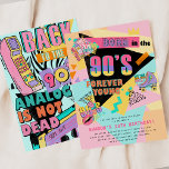 Invitation Fête d'anniversaire funky rétro des années 90<br><div class="desc">Faites un voyage nostalgique dans les années 90 avec ces invitations funky pour une soirée rétro ! Avec un fond multicolore vibrant et des illustrations adorables d'inspiration rétro, ces invitations capturent parfaitement l'essence de la décennie tout en gardant une touche moderne. La typographie « Né dans les années 90 -...</div>