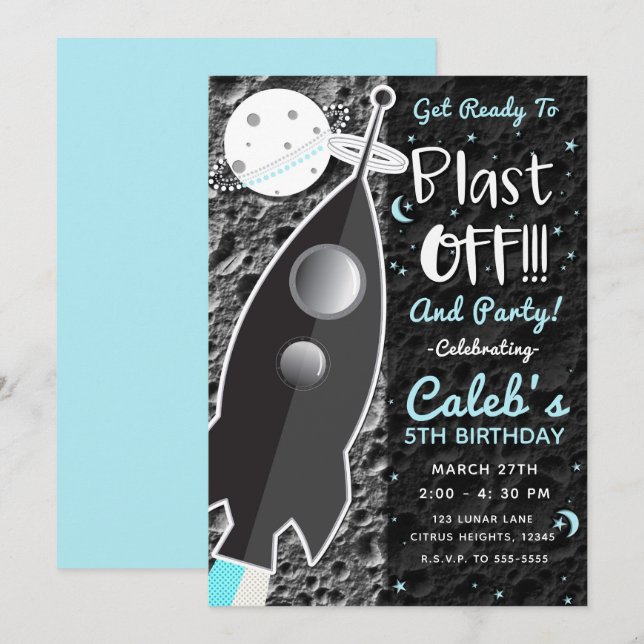 INVITATION FÊTE D'ANNIVERSAIRE FUSÉE SPATIALE POUR ALLER SUR  (Devant / Derrière)
