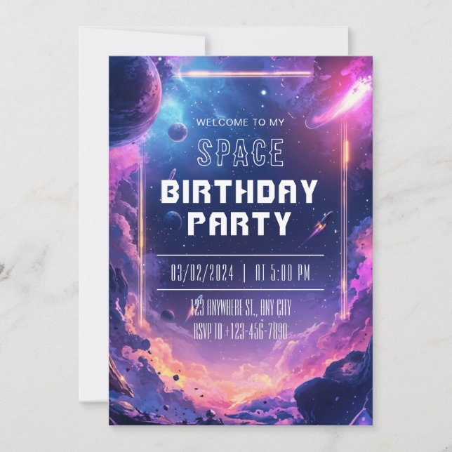 Invitation Fête d'anniversaire Galaxie Néon dans l'espace (Devant)
