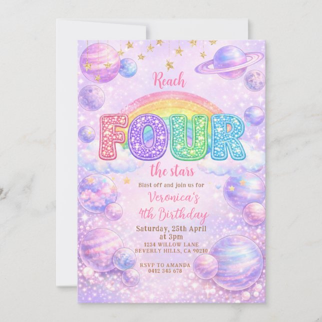 Invitation Fête d'anniversaire Galaxy Space Rainbow 4 ans (Devant)