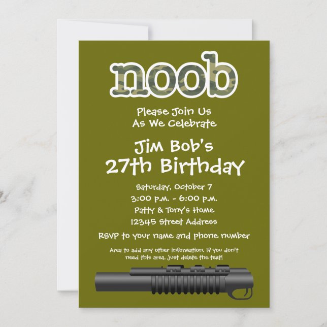 Invitation Fête d'anniversaire - Gamer drôle de Noob (Devant)