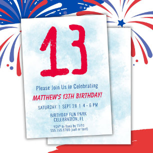 Invitation Fête d'anniversaire garçon 13 ans aquarelle bleu