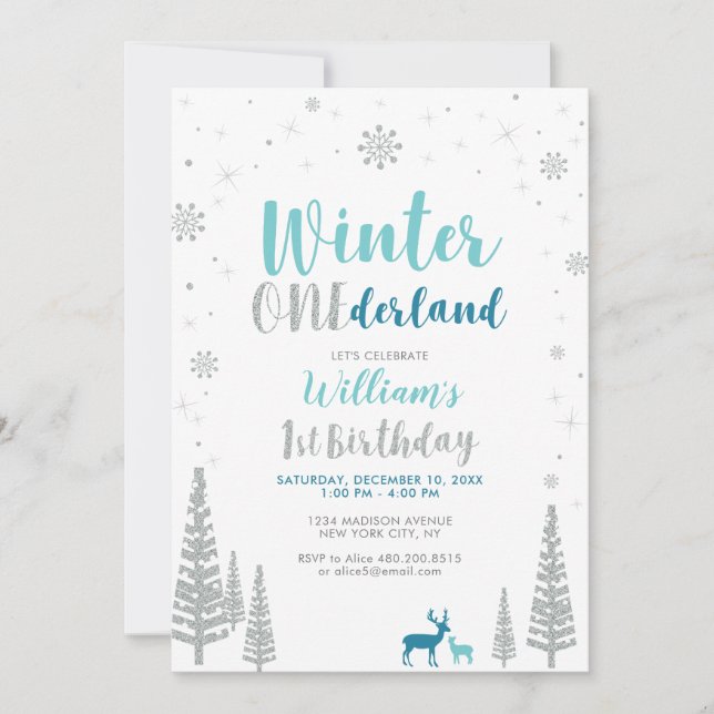 Invitation Fête d'anniversaire garçon 1 an Silver Winter oned (Devant)
