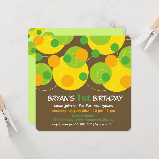 Invitation Fête d'anniversaire garçon 1 an thème bulles verte (Devant/Arrière en situation)