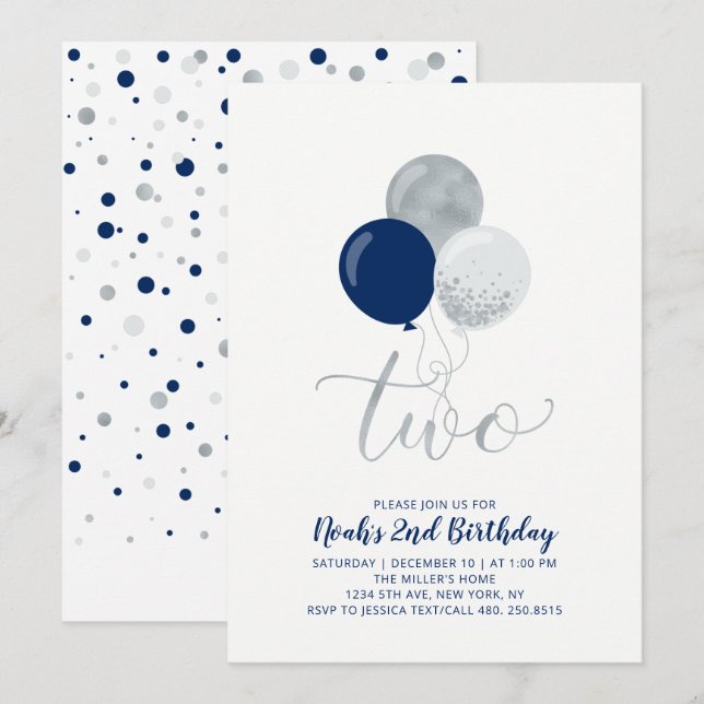 Invitation Fête d'anniversaire garçon 2 ans ballons bleu mari (Devant / Derrière)