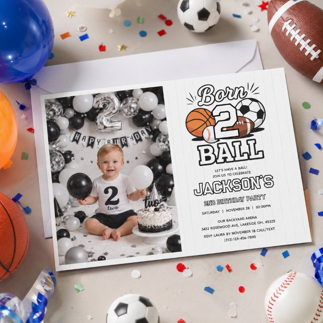 Invitation Fête d'anniversaire garçon 2 ans thème Born 2 Ball (Born 2 Ball Sports Themed Boy 2nd Birthday Party Invitation
)
