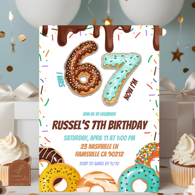 Invitation Fête d'anniversaire garçon 67 Donut au Chocolat (Créateur téléchargé)